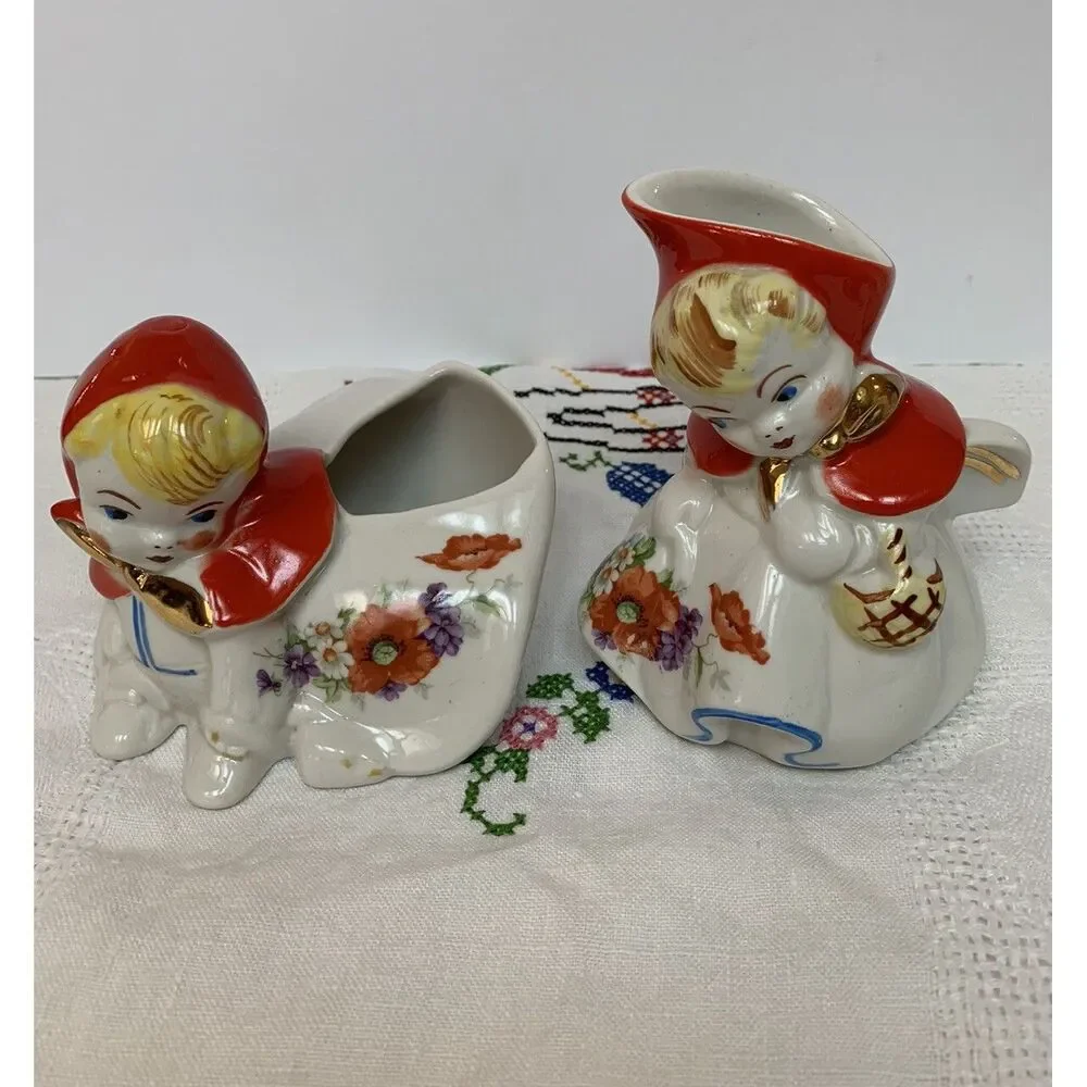 MCM Hull Little Red Riding Hood Tea Pot Set Red & White Ceramic 6 Pieces